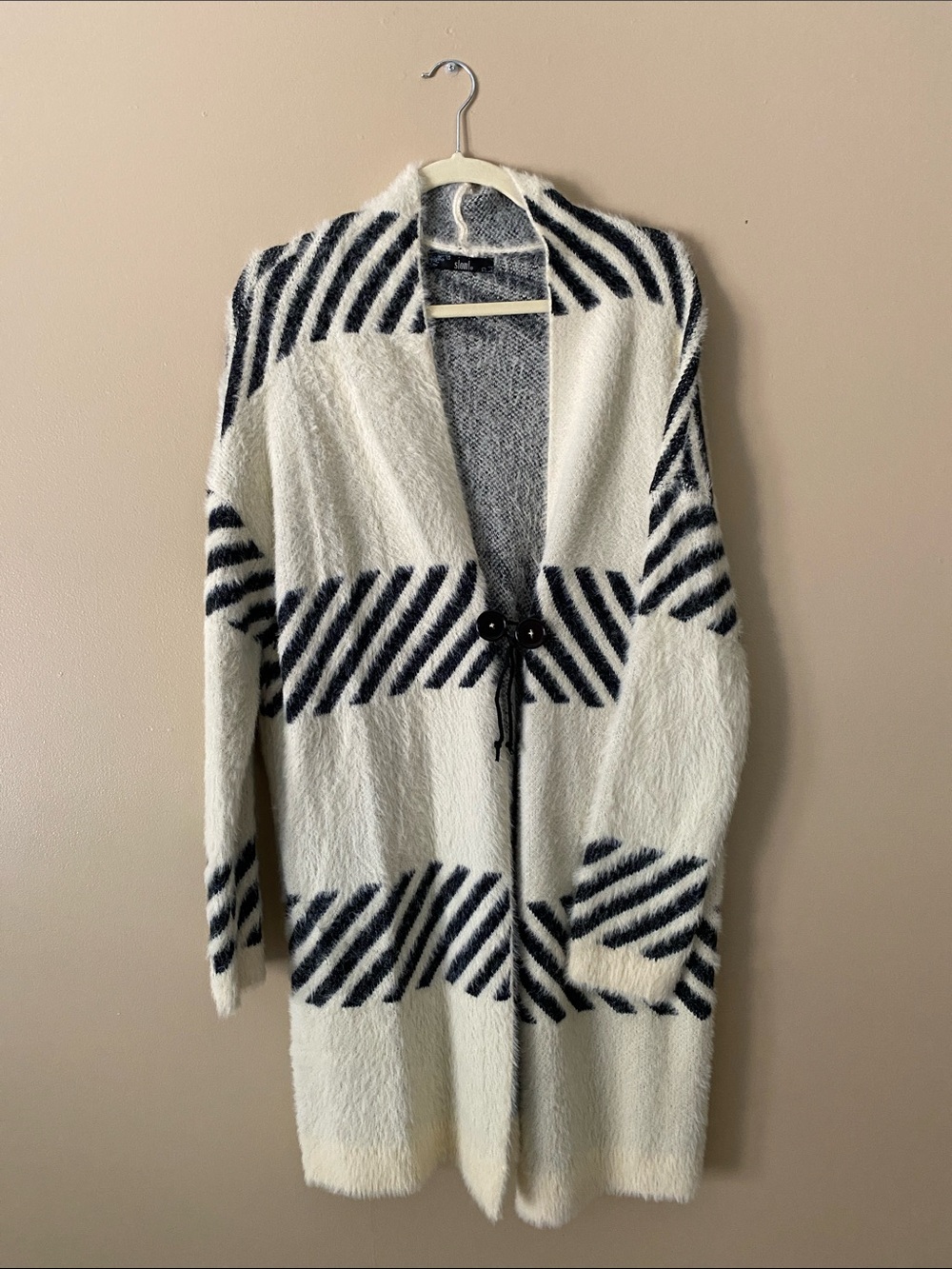 Open-Front Cream & Black Striped Tie-Closure Cardigan